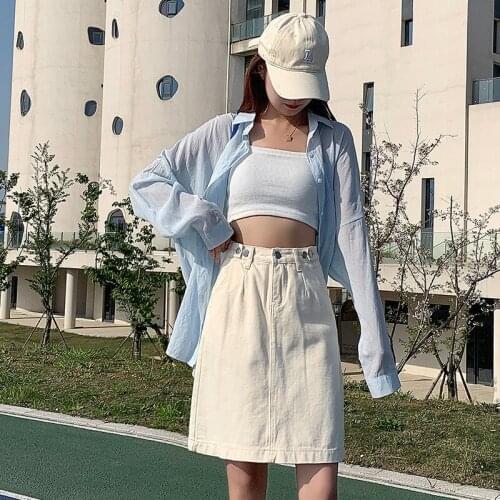 GUUZYUVIZ Summer Button A Line Skirt High Waist Jean Skirts For Ladies Casual Korean Denim Jupe Femme Black Apricot