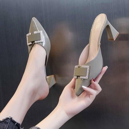 2021 New Summer All-match High Heels Pointed Toe Net Red Toe Half Drag Rhinestone Temperament Ladies Sandals and Slippers