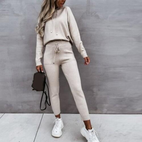 Womens Hoodies Lace Up Pant Sets Solid Long Sleeve 2021 Autumn All-match Drawstring Top 2 Piece Set Female Casual Fashion Suit