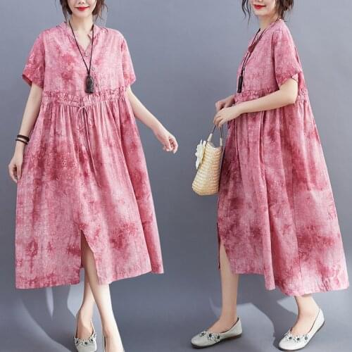 Summer Women Tie Dye Split Dresses Mid-Length Korean Style Fashion Loose High Waist V-Neck Short Sleeves Female A-Line Skirts