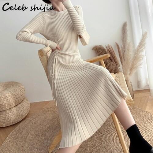 Chic Drawstring Knit Long Dress Woman Winter Apricot O-neck Elegant Autumn Sweater Dress Vestido Korean Fashion Clothing XL