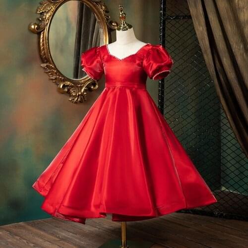 Flower Girl Dresses Vintage Jersey Pearls Puff Sleeve Short V-Neck Princess Knee-Length Luxury Red Elegant Kids Party Gown H606