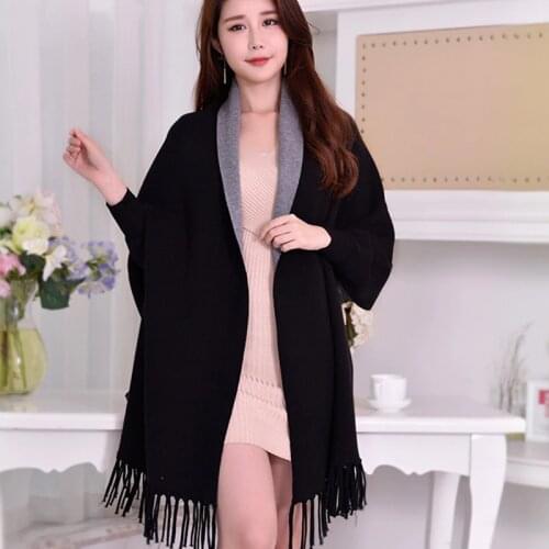 Winter Reversible Black Sleeve Poncho for Women Warm Scarf Stoles Thicken Pashmina Shawls and Wraps Tassel Wearable Poncho Capes