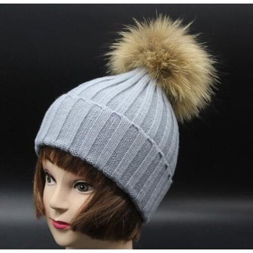 Real Racoon Fur Pom Pom Winter Hats Wool Knit Winter Bobble hat cap Beanie Hat With Fur Pompom For Children Gift Skullies Caps