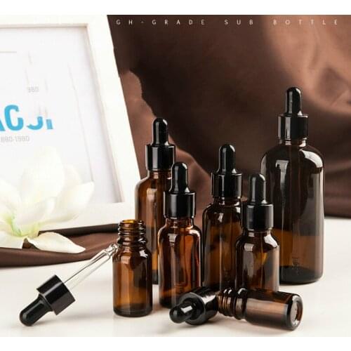 100pcs amber glass essential oil bottle with black aluminum cover tea tree oil aromatherapy glass pipette bottle 50-100ml