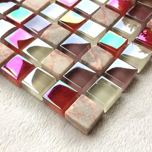 2018 New ! Romantic Red Rainbow Plated Glass Mixed Natural Stone Mosaic Tile for Kitchen Backsplash Bathroom Shower Wall Floor