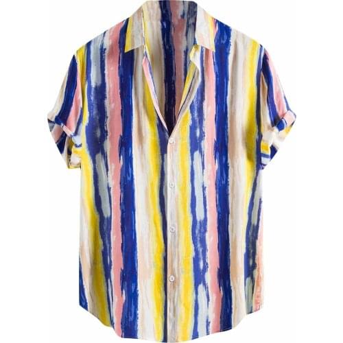 2021 Mens Linen Shirt Fashion Ethnic Short Sleeve Casual Stripe Hawaiian Shirt Blouse T-shirt Summer Clothes Seaside Vacation