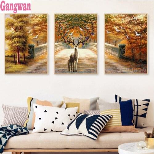 Diamond Embroidery sale Autumn Bridge Deer DIY 5D Diamond Painting Cross Stitch Full Mosaic Make money 3 pcs sets Home Decor