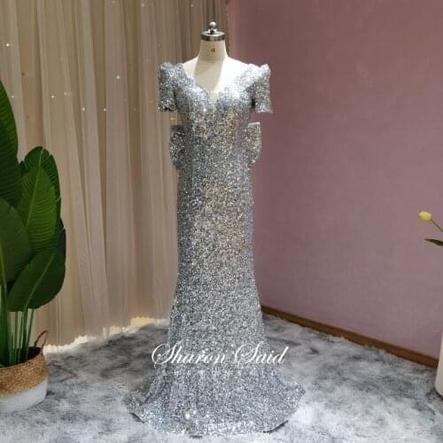Sparkly Silver Sequin Mermaid Evening Gowns Long 2021 Luxury Rose Gold Prom Dresses for Women Wedding Party Guest Dress with Bow