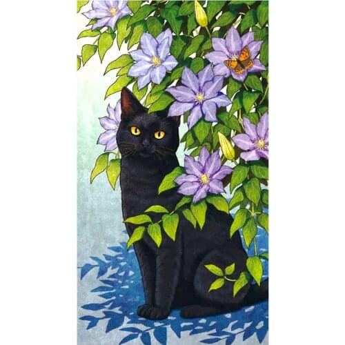 Black Cat Among Purple Clematis Flowers Diamond Painting Round Full Drill Animal Floral DIY Mosaic Embroidery 5D Cross Stitch