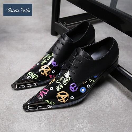 Christia Bella Printing Genuine Leather Men Business Shoes New Fashion Plus Size Lace up Metal Pointed Toe Formal Dress Shoes