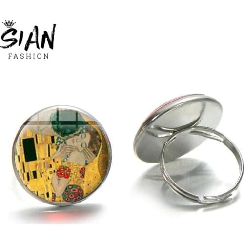 SIAN Retro The Kiss Gustav Klimt Art Ring Mother Kiss Baby Classic Painting Glass Round Two Styles Rings for Girls Date Souvenir