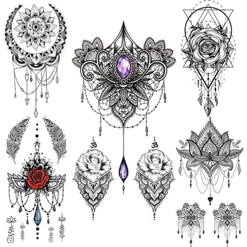 Fake Jewelry Temporary Tattoo For Women Black Mandala Henna Flower Tattoos Sticker India Sexy Lace Pendants Feather Tatoos Chest