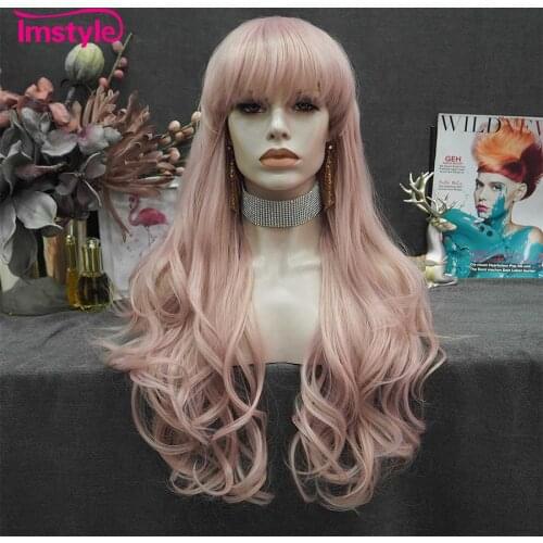 Imstyle Pink Synthetic Wigs With Bangs Long Hair Natural Wavy Heat Resistant Fiber Cosplay Wigs For Women