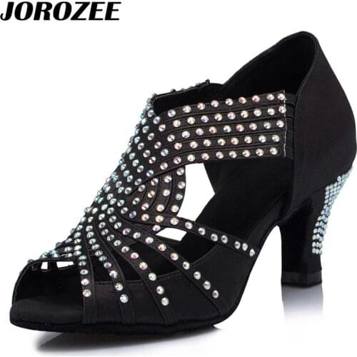 JOROZEE Latin Dance Shoes Black Rhinestones Ballroom Dancing Shoes Party Squre Shoes Soft Outsole