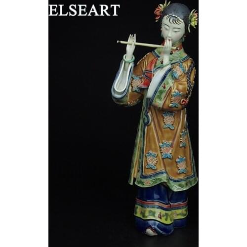 Ceramic chinese retro character blowing bamboo flute girl easten lady painted handicraft porcelain ornament home decoration