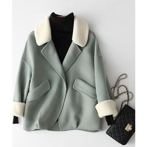 2020 Autumn Winter 100% Coat Women Double Wool Coats Short Loose Female Jacket Lamb Collar casacos 37114 WYQ1168