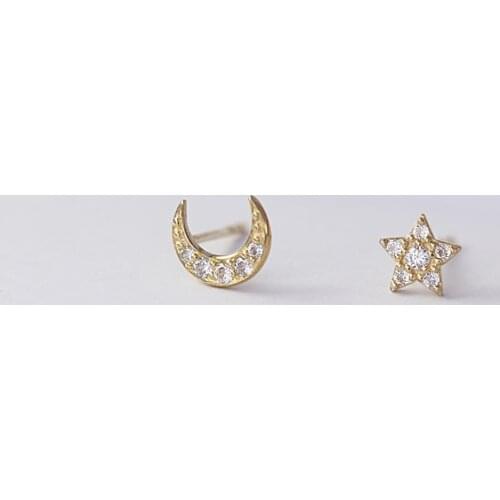 9k Real gold Fashion Korean Star Moon Asymmetric Earrings for Women
