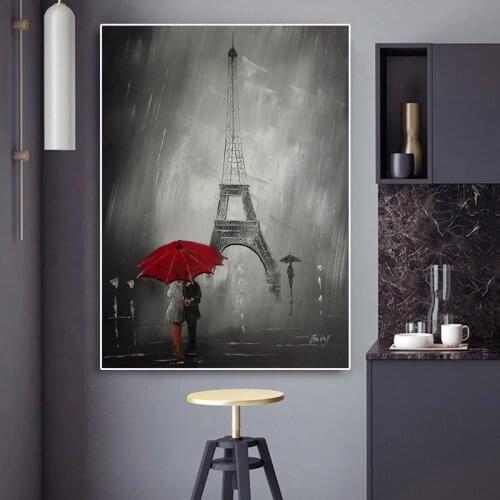 Couple Hold Umbrellas Walking Paris Iron Tower Street Canvas Painting Abstract Portrait Wall Art Picture Room Home Decor Poster