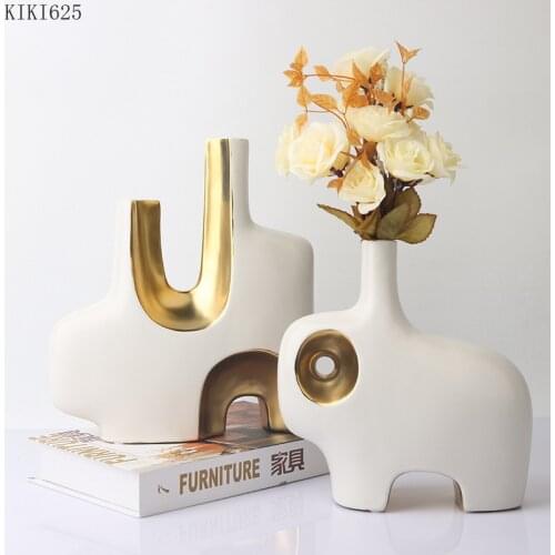 European Style Irregular Ceramic Vase Gilded Flower Arrangement Container Geometric Double-sided Ceramic Vase Home Decoration