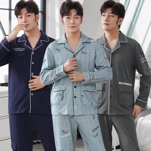 2021 Autumn 100% Cotton Long Sleeve Pajama Sets for Men Korean High Quality Sleepwear Suit Homewear Male Loungewear Home Clothes