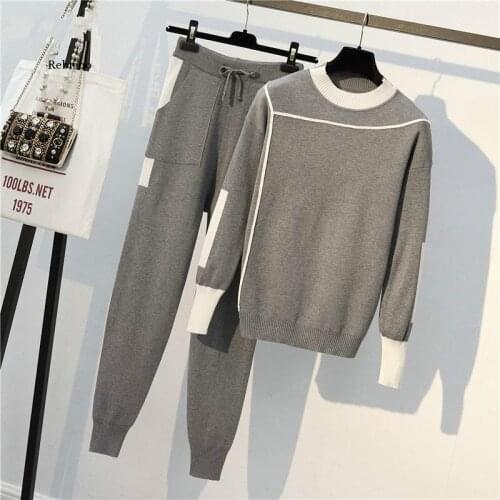 Autumn Runway 2 Pieces Set Knitted Long Sleeve Pullovers Sweater Casual Patchwork Knit Jumper Tops and Pants Suits