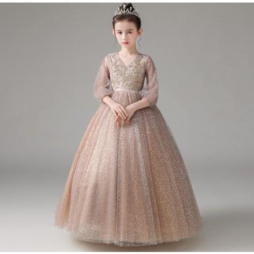 Flower Girl Dress Illusion Three Quarter V-Neck Princess Beading Floor-Length Sequined Tulle Lace Burgundy Kids Party Gown H222