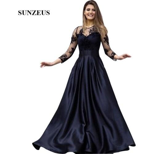 Appliques Tulle Neck 3/4 Sleeves Evening Dresses A-line Long Satin Black Women Party Gowns Elegant Formal Dress