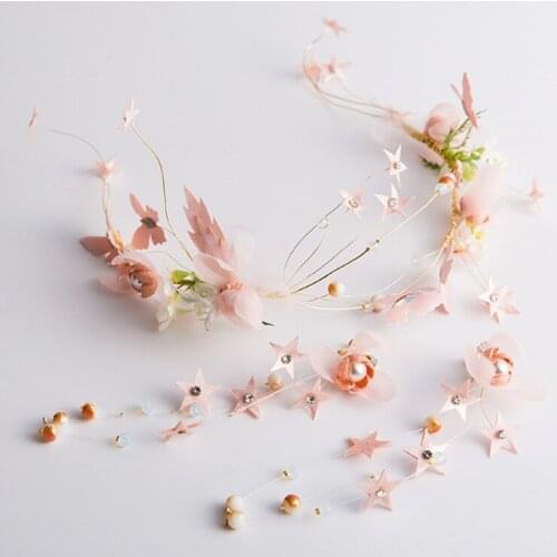Women Handmade Romantic Princess Wedding Hairband Pink Blossom Flower Crown Pageant Prom Headband Hair Earrings Accessories