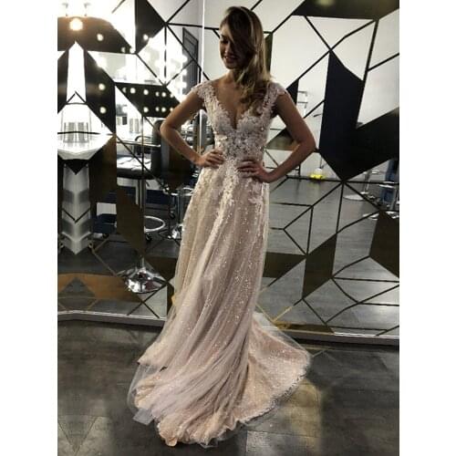 E JUE SHUNG Champagne Lace Bling Luxury Wedding Dresses 2021 A-line Appliques Buttons Cap Sleeves Boho Bridal Wedding Gowns