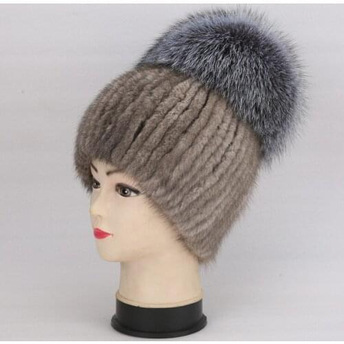 New Style Gourd Shape Cap Winter Hat For Women Natural Mink Fur Cap With High Quality Fox Fur On The Top Real Natural Color