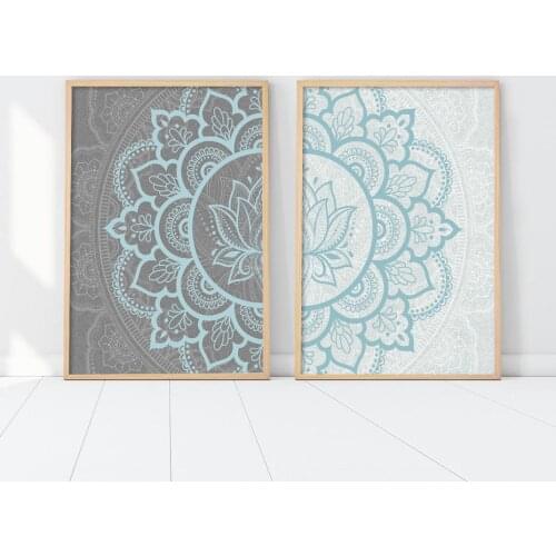 Blue Grey Mandala Canvas Painting Poster Boho Flower Pattern Zen Wall Art Print Neutral Muted Yoga Wall Decor for Living Room