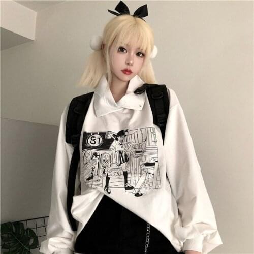 Loose Womens Tops Cartoon White Kpop Cool Printed High Street Spring Autumn Female Tee Harajuku Casual White T-shirt Women Tops