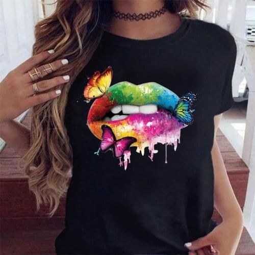 Women T Shirt Summer Fashion Butterfly Colorful Lips Print T Shirt Women Short Sleeve Lips T-shirt Female Tee Shirt Harajuku Top