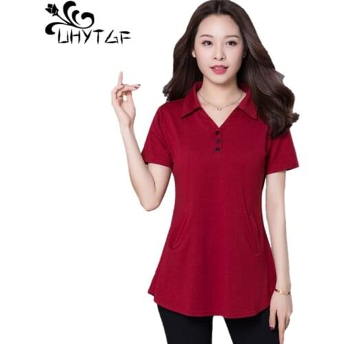 UHYTGF Womens Summer T-Shirt Short Sleeve V-Neck Pullover Wild Casual Summer Clothes Cotton Female T-Shirt Plus Size Tops 2089