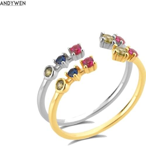 ANDYWEN 100% 925 Sterling Silver Rainbow CZ Resizable Rings Adjustable Women Crystal CZ Wedding Jewelry For Women Luxury