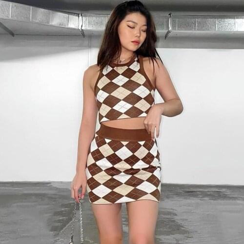 2021 Diamond Print Crop Top and Skirt Two Piece Set Women Casual Sleeveless Tanks Elastic Waist Outfits Womens Camis Tracksuit