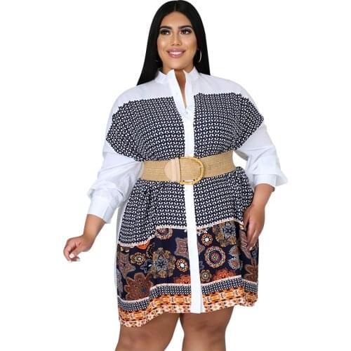 XL-4XL Plus Size Autumn Long Sleeve Shirt Blouse Dress Big Geometric Printed Elegant Office Ladies Tunic Mini Dress Big Size Y2K