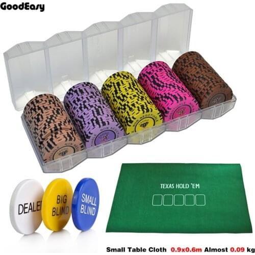 100pcs Clay chip Diamond Poker Chip Sets Casino Texas Hold'em Poker Set With Acrylic Box & Table Cloth & Button Set