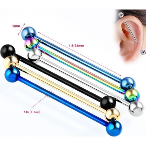 2Pcs/lot Real Stainless Steel Long Industrial Straight Barbell Ear Piercing1.6*34mm+5mm14G Candy Color Body Ear Piercing Jewelry