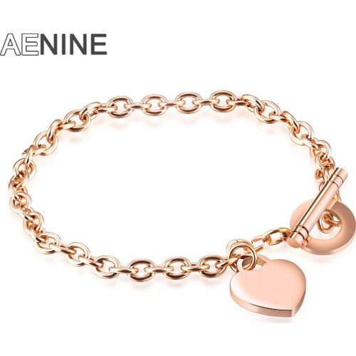 AENINE Classic Stainless Steel Heart Shape Charm Bracelets Bangle For Women Rose Gold Color Link & Chain Wedding Bracelet OGS847