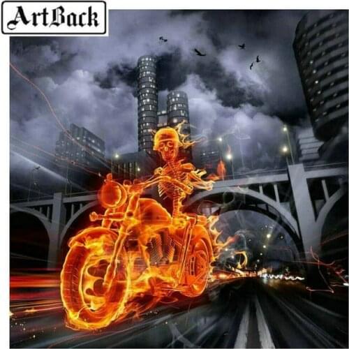 Full square / round drill 5d diy diamond painting flame motorcycle skull 3d embroidery rhinestone mosaic home decoration