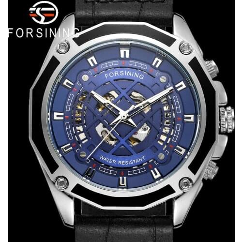 FORSINING Automatic Mechanical Men Wristwatch Military Sport Male Clock Top Brand Luxury Blue Skeleton Dail Man Watch Gift 8164