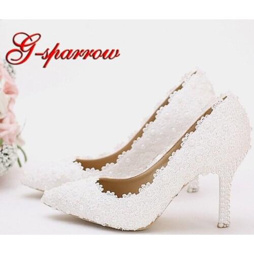 White Lace Wedding Party Shoes Girl Birthday Party Pumps Handmade Bridesmaid Shoes Pointed Toe Women Spring Dress Shoes