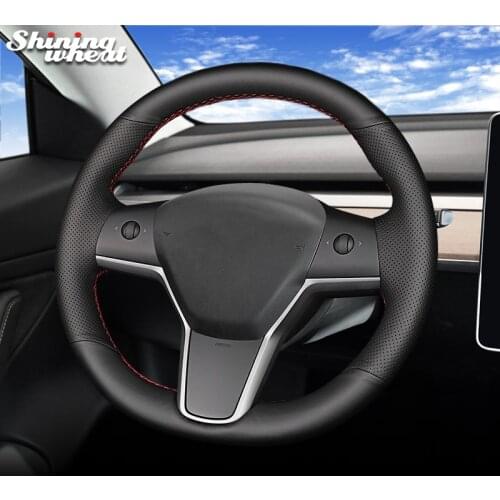 Shining wheat Black Genuine Leather Hand-Stitched Car Steering Wheel Cover for Tesla model 3
