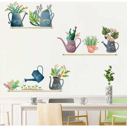 Bonsai Watering Can Cactus Self Adhesive Wall Sticker Bedroom Background Decal Bonsai/Cactus Design Wall Decoration Easy to Use