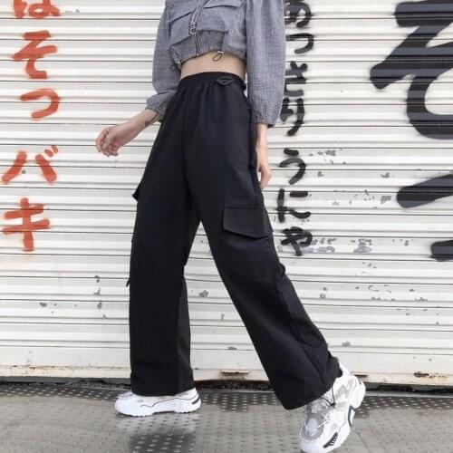 QWEEK Harajuku Goth Cargo Pants Women Plus Size Hip Hop Black Pants Young Fashion Korean Style Loose Trousers Oversized Pants