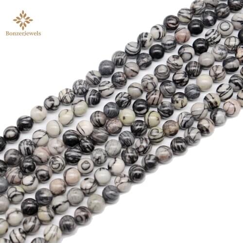Smooth Natural 4/6/8/10/12mm Black Web Jaspers Stone Beads Round for Accessories Jewellery Making Bracelet 15"
