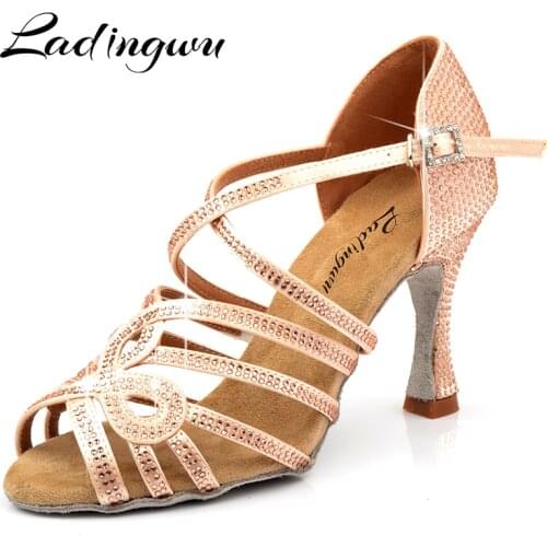 Ladingwu New Soft Bottom Latin Salsa Dance Shoes Silk Satin Woman Champagne Rhinestone Ballroom Party Dance Shoes Wedding Shoes