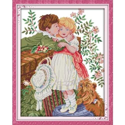 Small couple kiss screen DMC Embroidered line Stitch Kit Boy Girl Kiss Good time Furniture Sewing Decoration Hanging picture